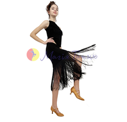 Юбка латина черная с длинной бахромой с шортиками, для бально-спортивных танцев, фото 1